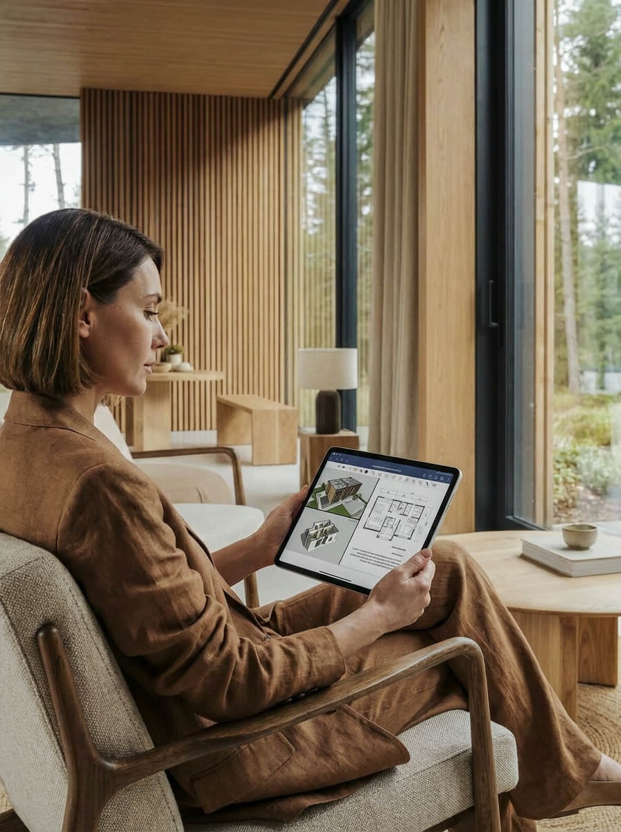 Arquiteta utilizando software de projeto em um ambiente residencial de madeira
