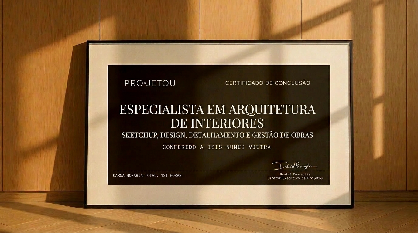 Certificado da Formação Profissional em Arquitetura de Interiores emoldurado