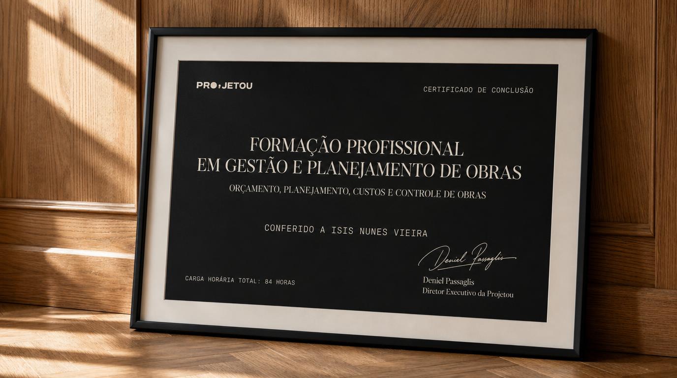 Certificado da Formação Profissional em Gestão e Planejamento de Obras emoldurado